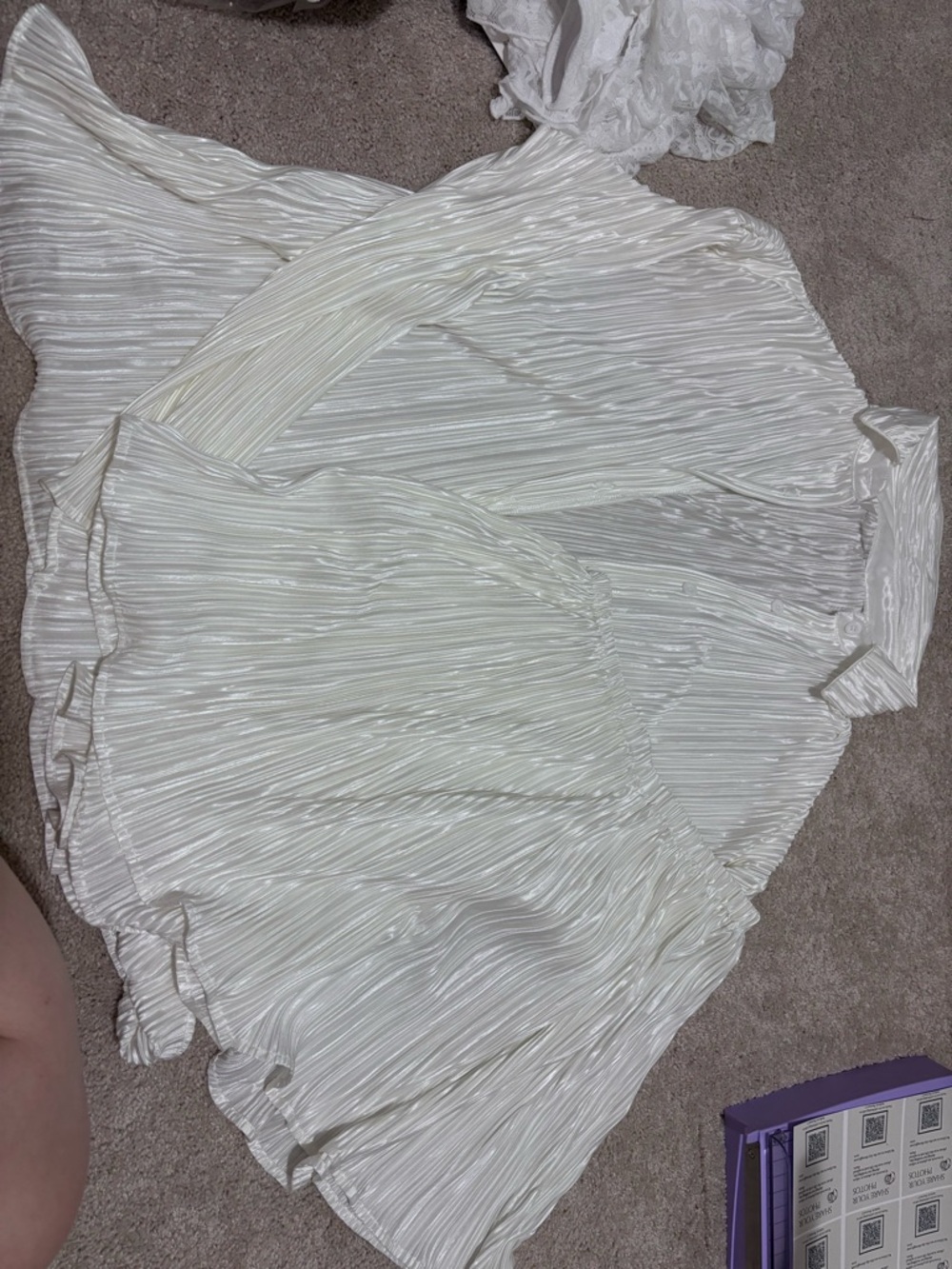 White Pleated Long Sleeve Set. Long sleeve top and shorts